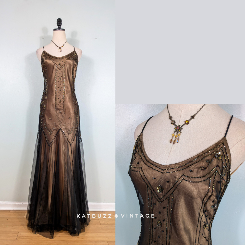 Vintage Dave Johnny Prom Dress Maxi Gown 8 Brown Black Goth Bead Y2K Gatsby Glam